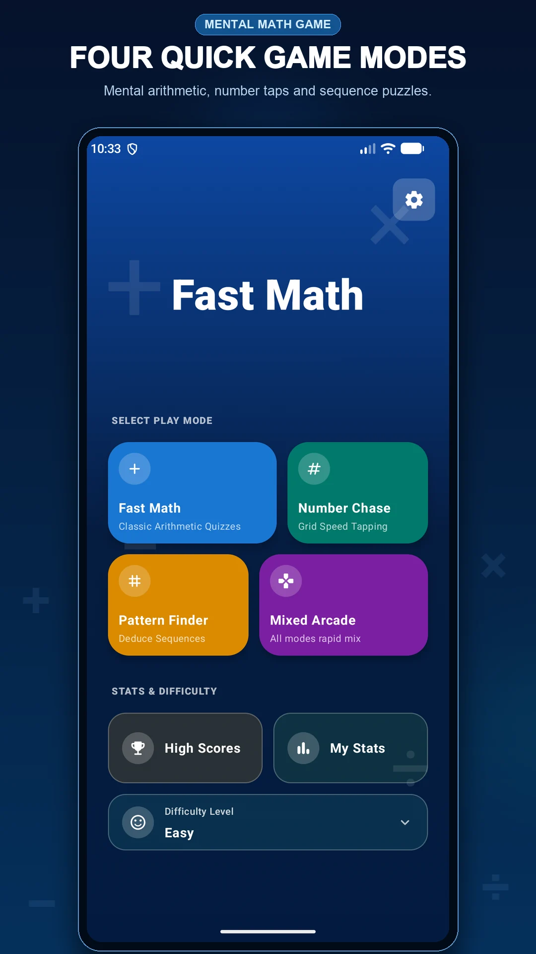 Fast Math home screen with four modes, high scores, stats and difficulty selector