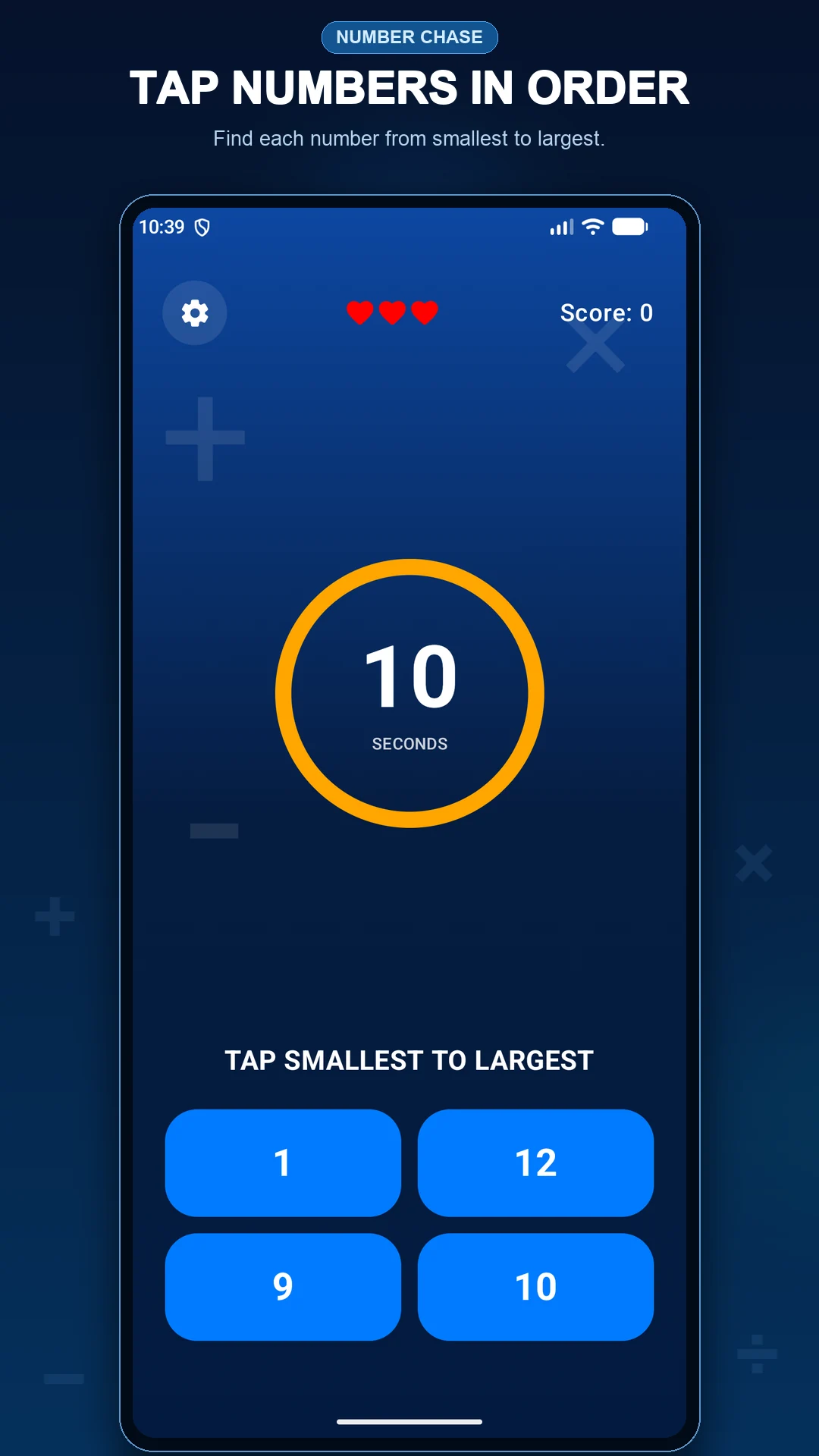 Number Chase grid with numbers to tap from smallest to largest