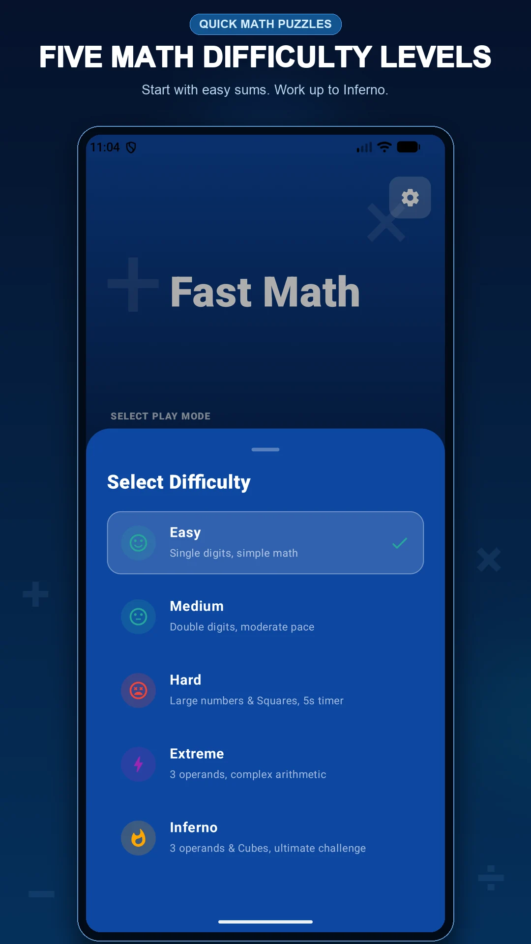 Fast Math difficulty selector with Easy, Medium, Hard, Extreme and Inferno levels
