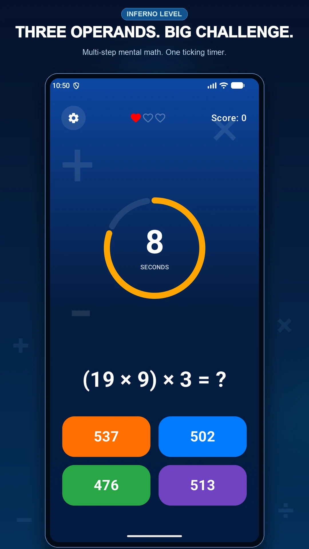 Timed Inferno mental math question with three operands and four answer choices
