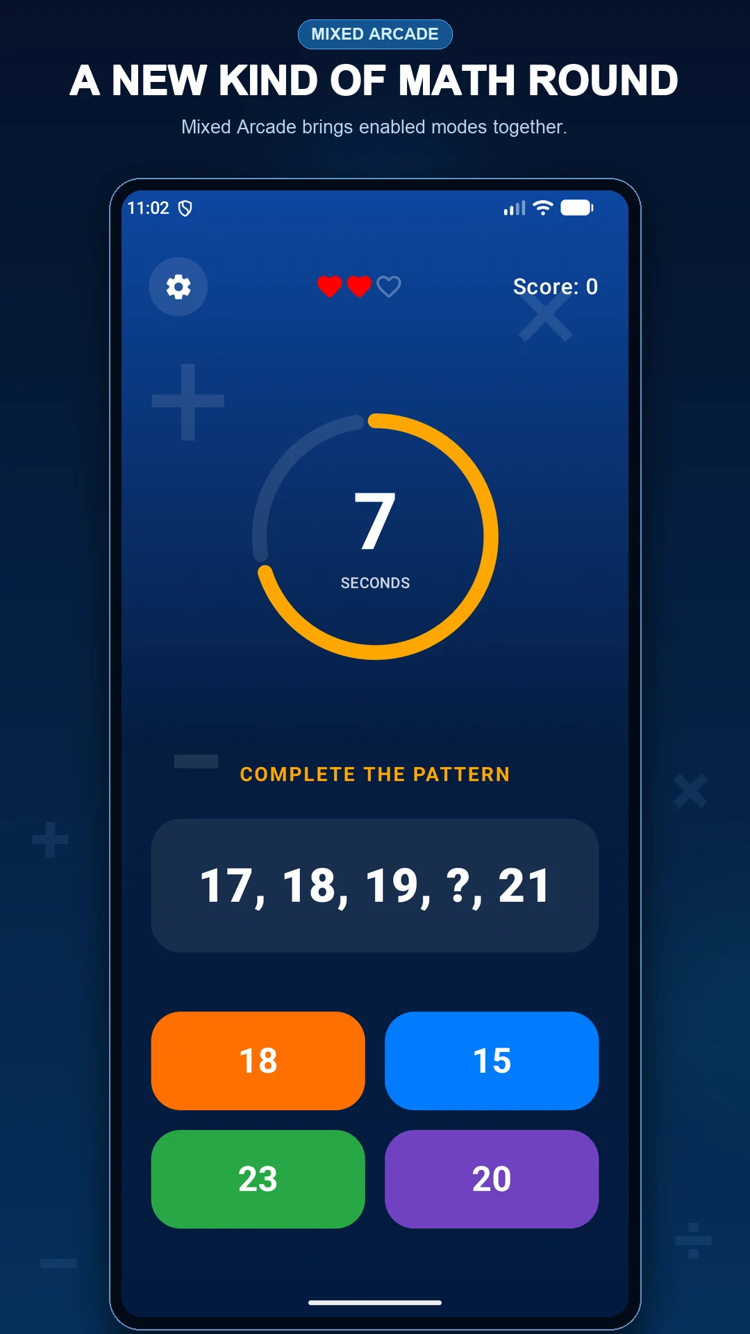 Mixed Arcade round featuring a timed number pattern challenge