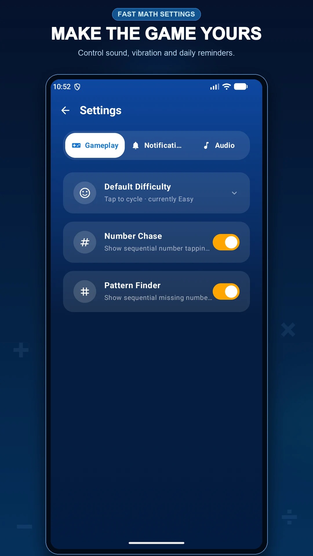Fast Math settings for difficulty, Number Chase, Pattern Finder, sound and notifications